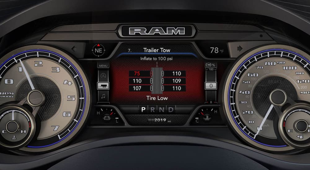 The digital gauge cluster in a 2021 Ram 1500 displaying the trailer tire pressure feature.