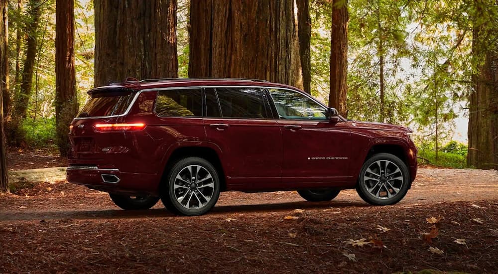 A red 2022 Jeep Grand Cherokee  parked in a forest with large trees