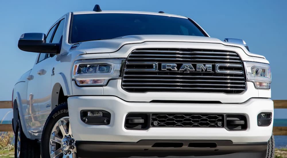Close-up of the front of a white 2021 Ram 2500 Laramie.