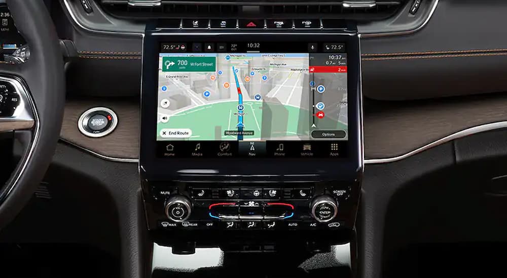 A close-up of the infotainment screen in a 2022 Jeep Grand Cherokee L