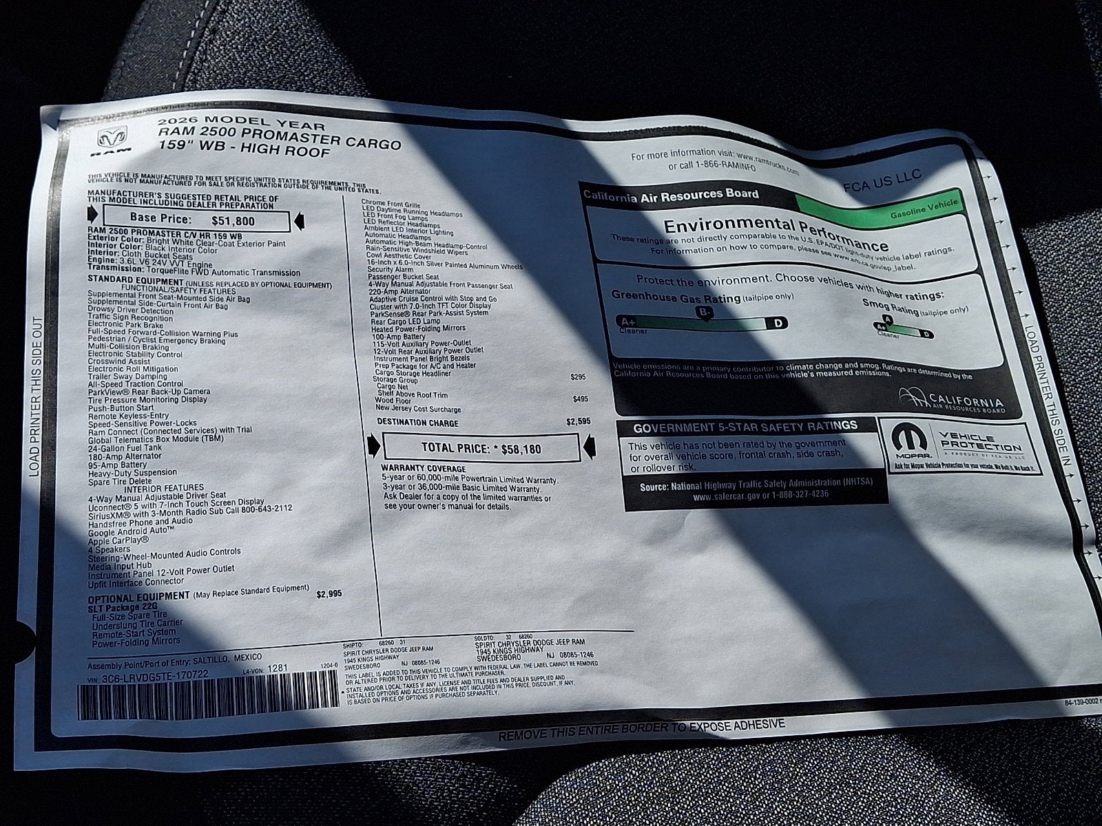 2026 RAM ProMaster Cargo Van RAM PROMASTER 2500 SLT CARGO VAN HIGH ROOF 159' WB